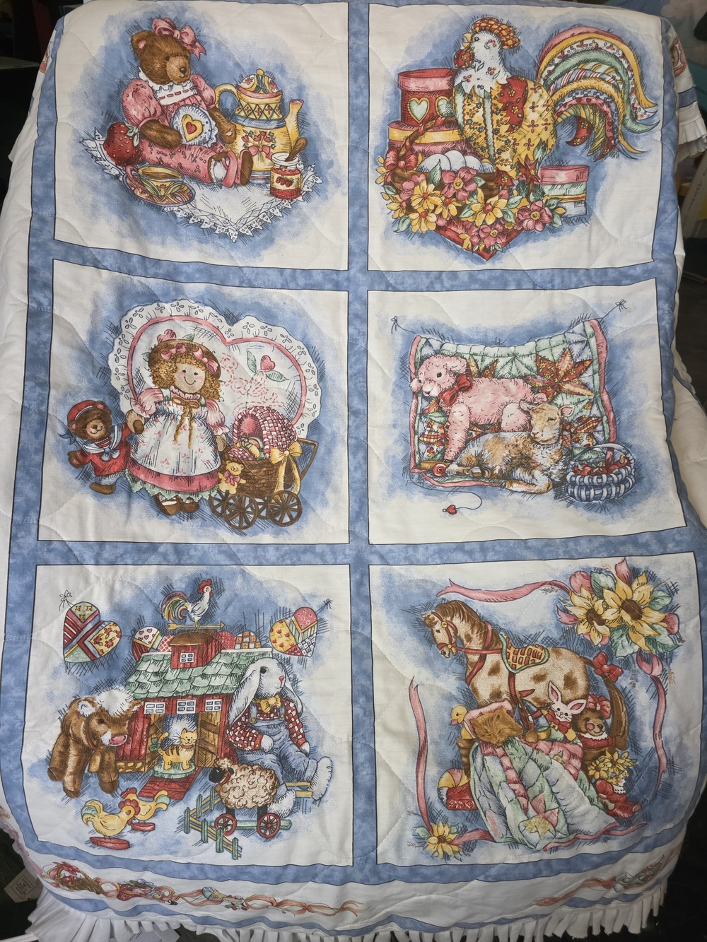 Vintage Baby Storybook  Toy Print Bedding Quilt Ruffle Edge - Blue Multicolor